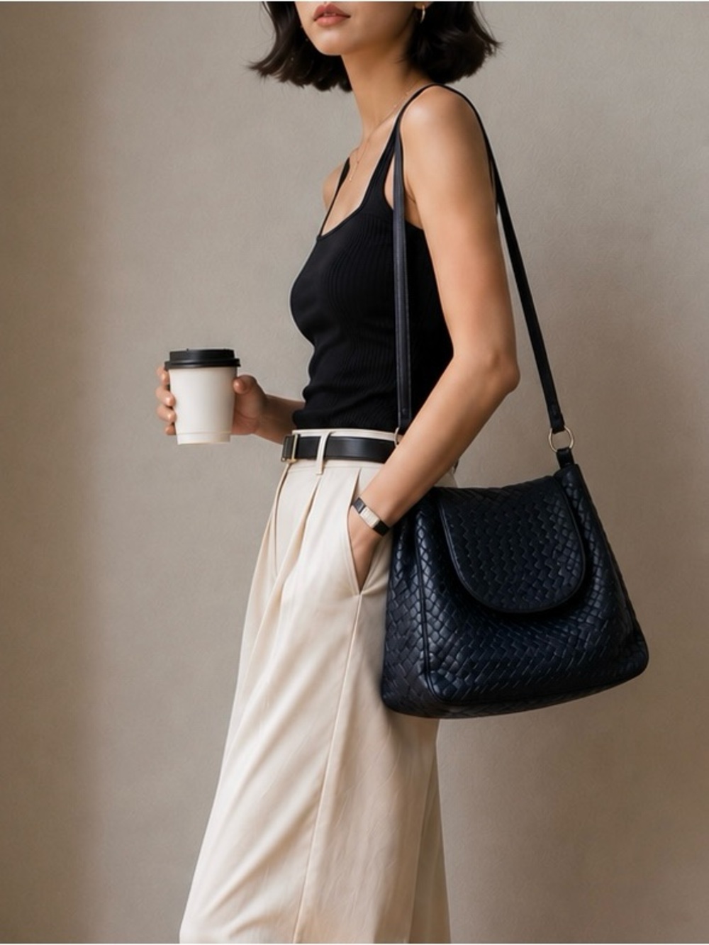 Vintage Y2K Dark Navy Woven Leather Shoulder Bag